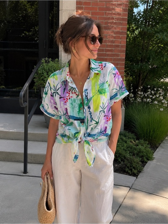 Sigrid Olsen Tops - Sigrid Olsen 100% Linen Botanical Tie Front Blouse